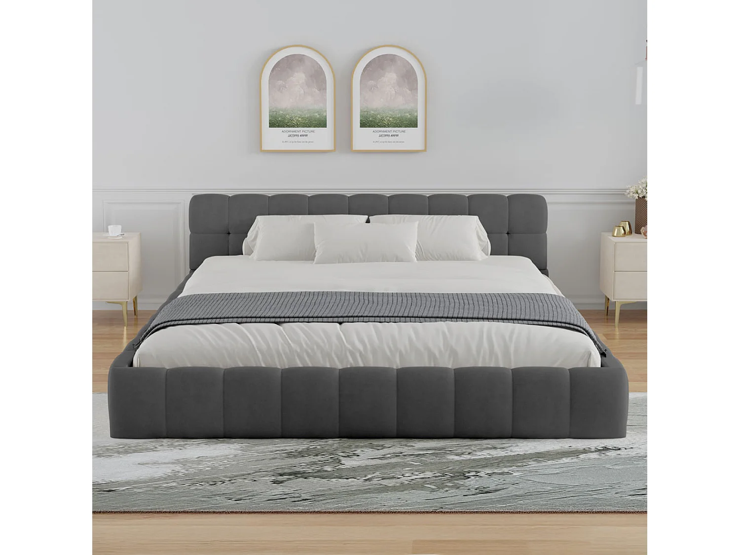Lit style nuage 140x190cm en velours gris KANSAS