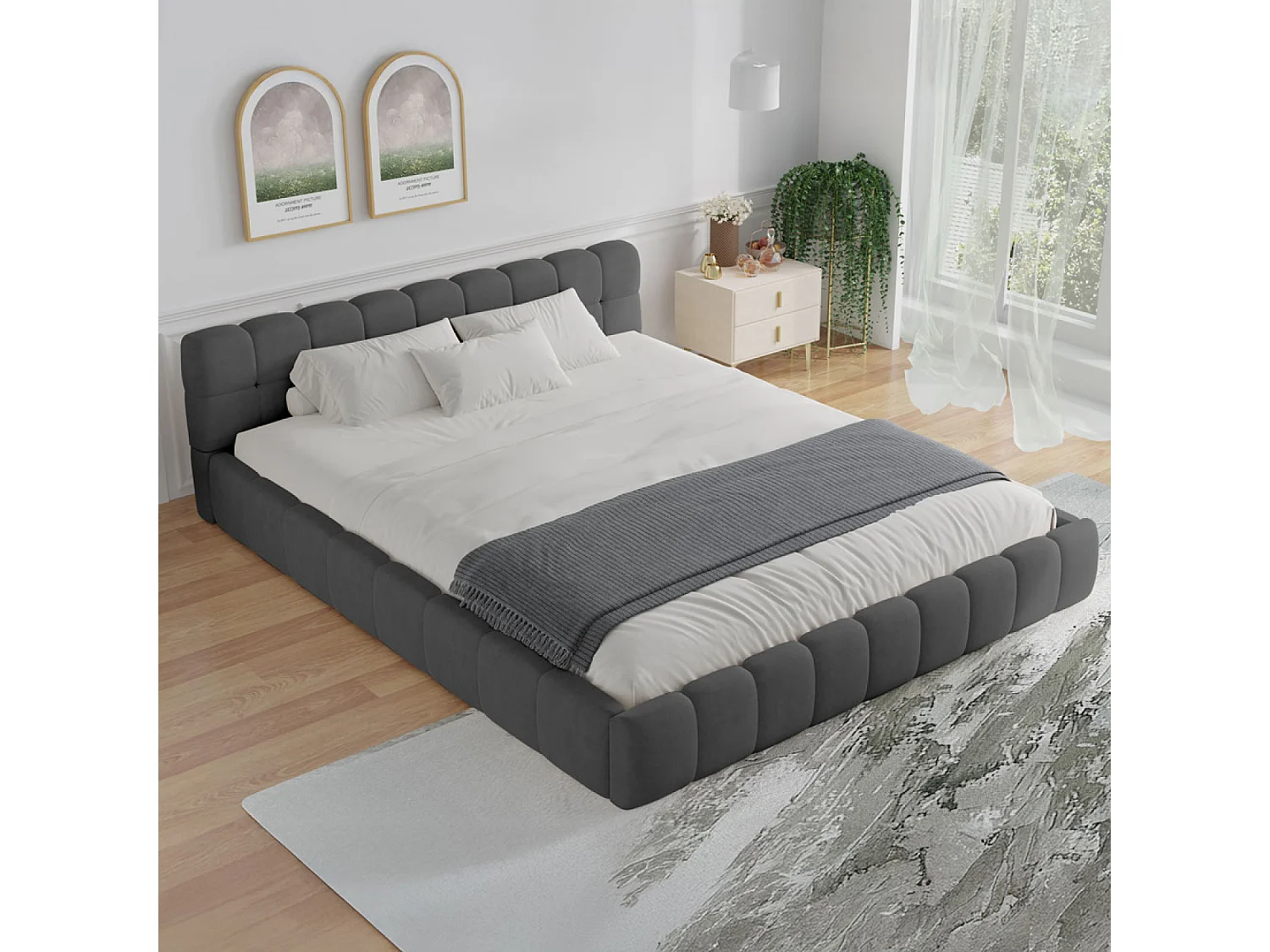 Lit style nuage 140x190cm en velours gris KANSAS