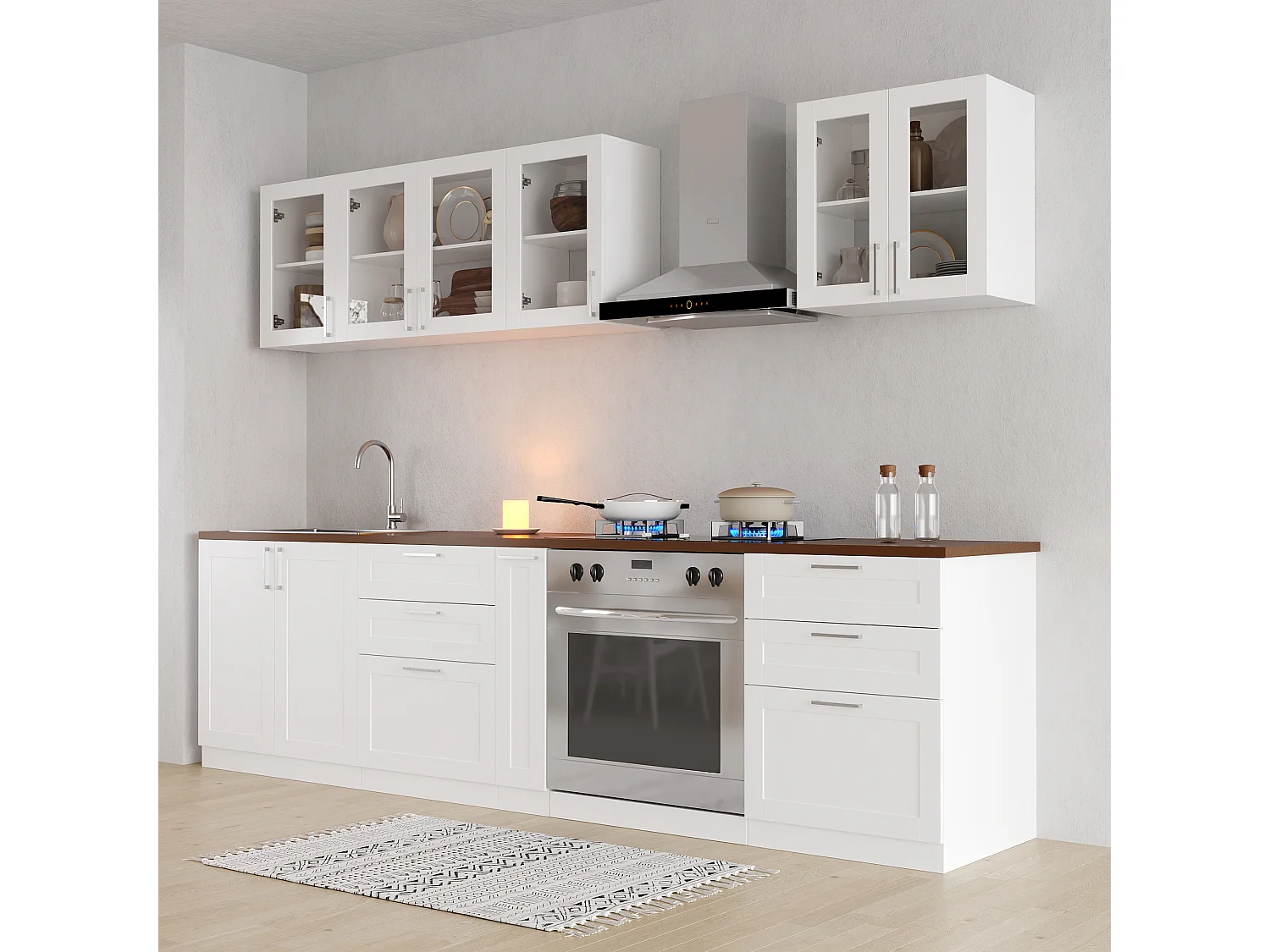 Cuisine Complète en Linéaire Sans plan de travail, 8 éléments ,220x61.5x81.5, Blanc