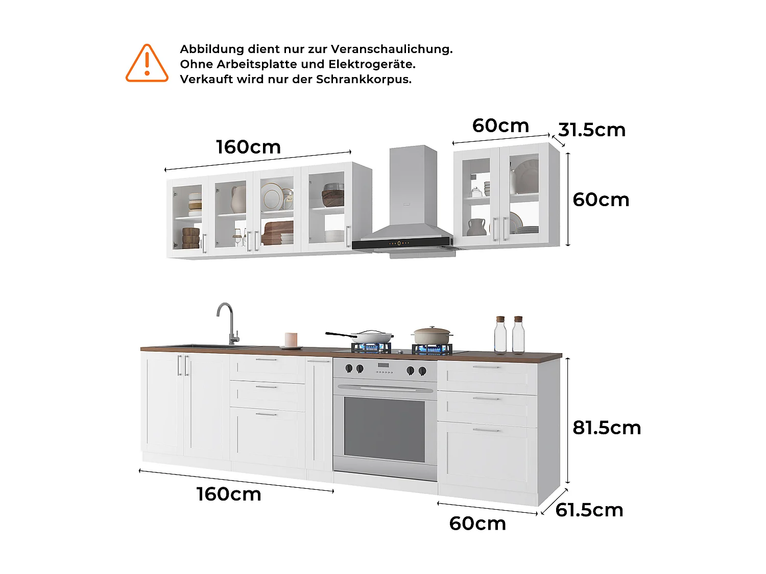 Cuisine Complète en Linéaire Sans plan de travail, 8 éléments ,220x61.5x81.5, Blanc