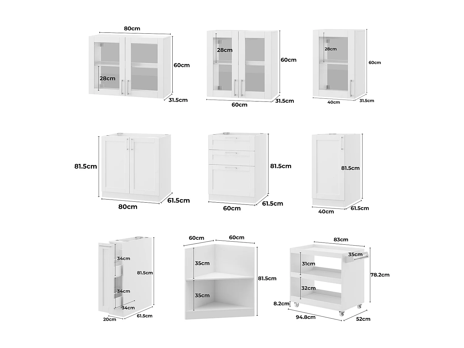 Cuisine Complète en Linéaire Sans plan de travail, 8 éléments ,220x61.5x81.5, Blanc