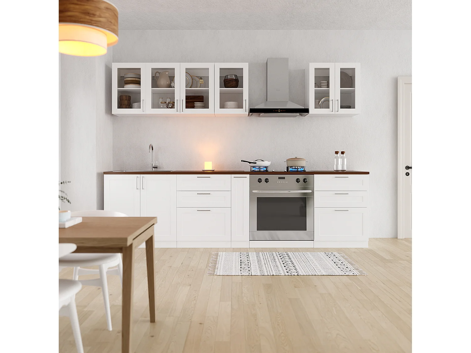 Cuisine Complète en Linéaire Sans plan de travail, 8 éléments ,220x61.5x81.5, Blanc