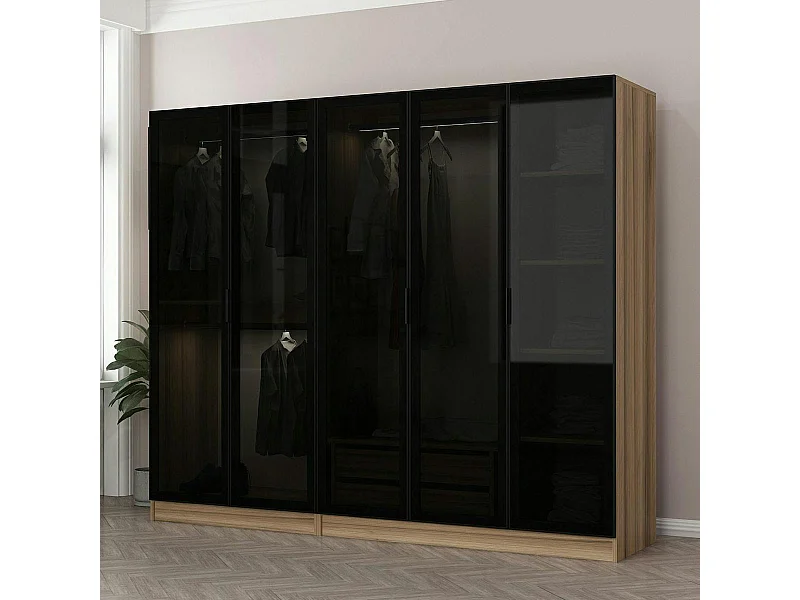 Armoire penderie 5 portes verre et cadre effet noyer BYRON