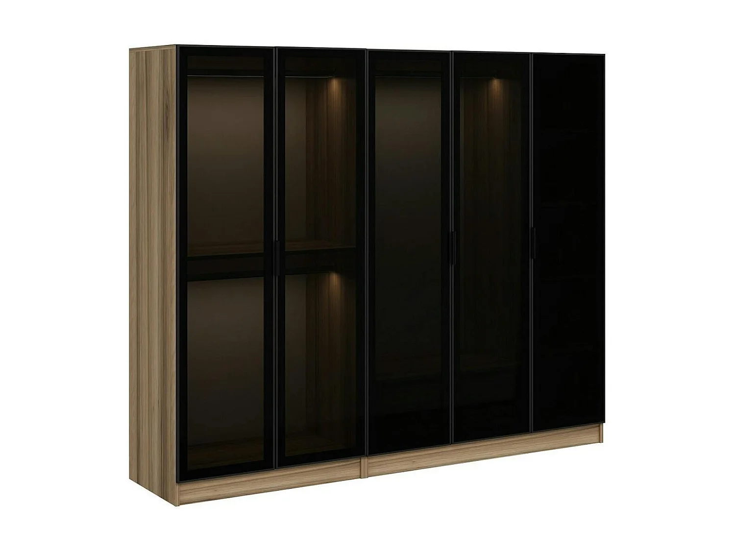 Armoire penderie 5 portes verre et cadre effet noyer BYRON