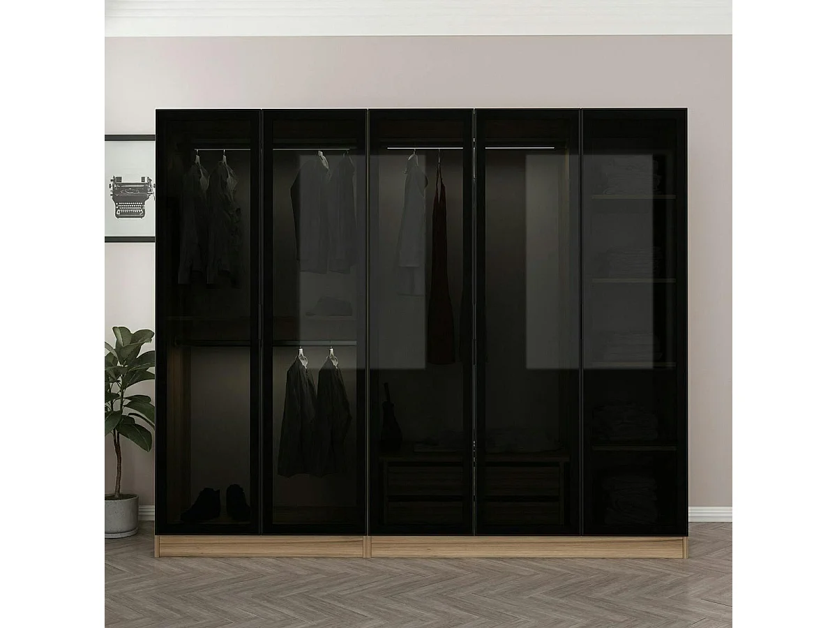 Armoire penderie 5 portes verre et cadre effet noyer BYRON
