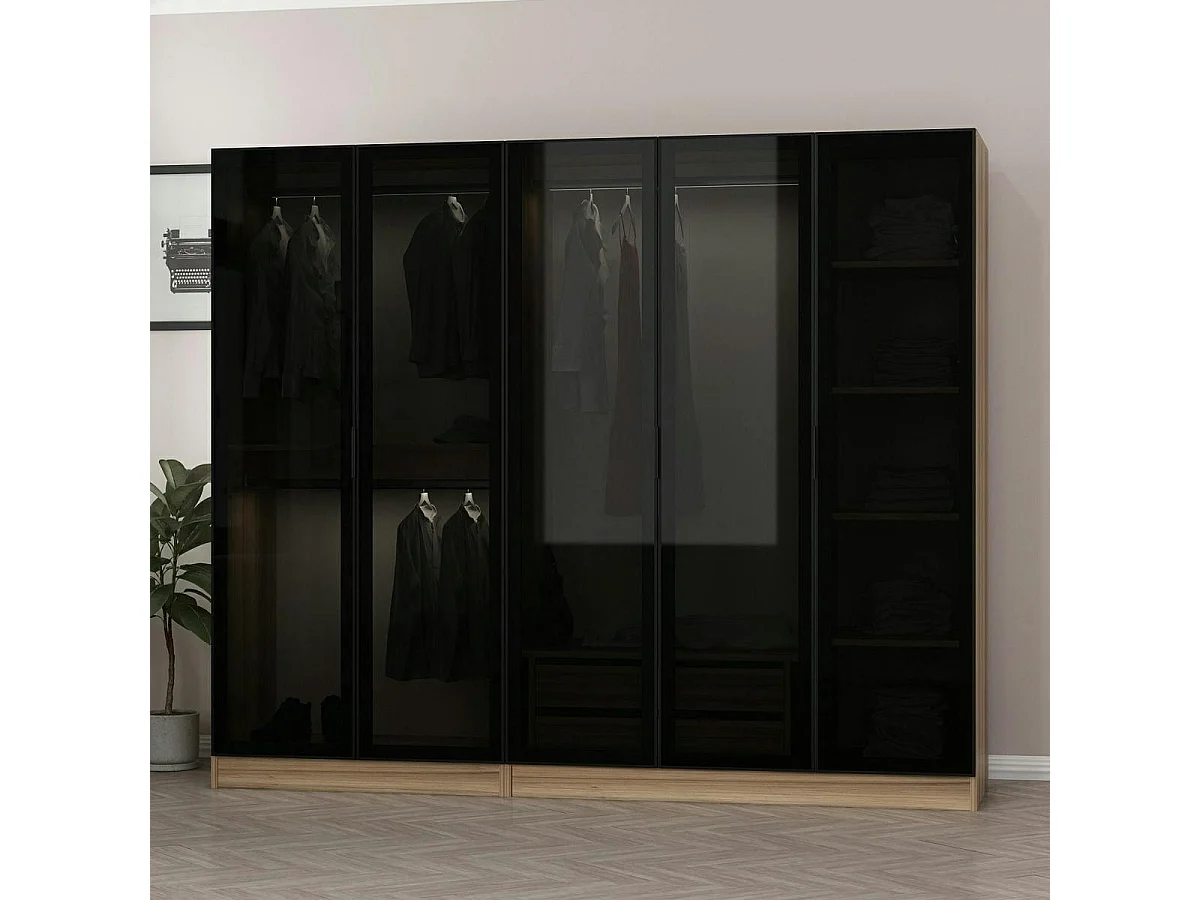 Armoire penderie 5 portes verre et cadre effet noyer BYRON