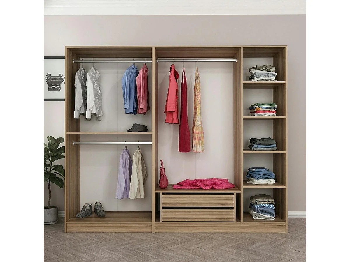 Armoire penderie 5 portes verre et cadre effet noyer BYRON