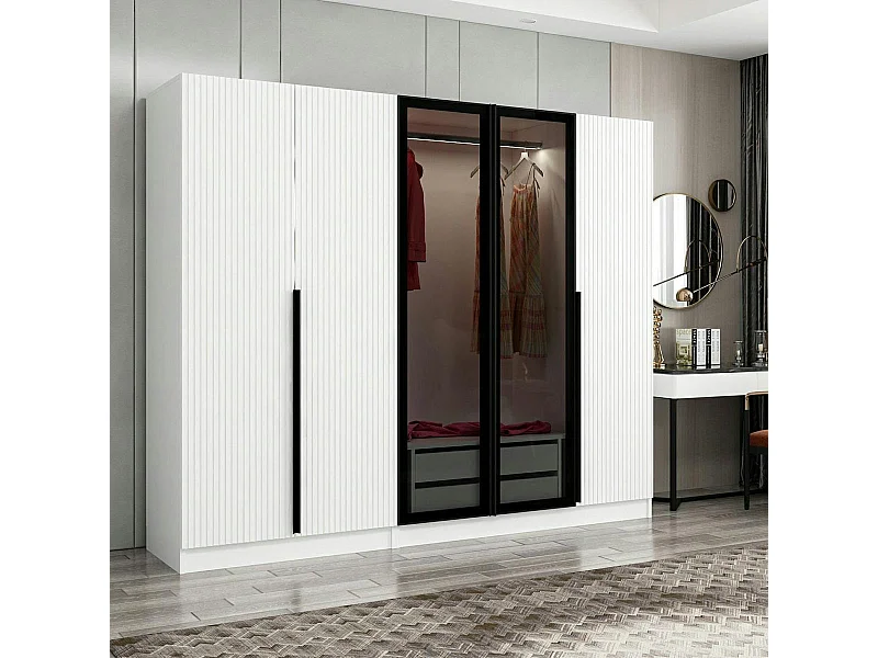 Armoire penderie blanche rainurée, 2 portes verre 225 cm BYRON