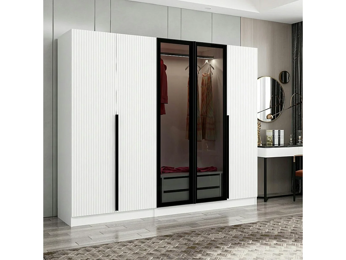 Armoire penderie blanche rainurée, 2 portes verre 225 cm BYRON