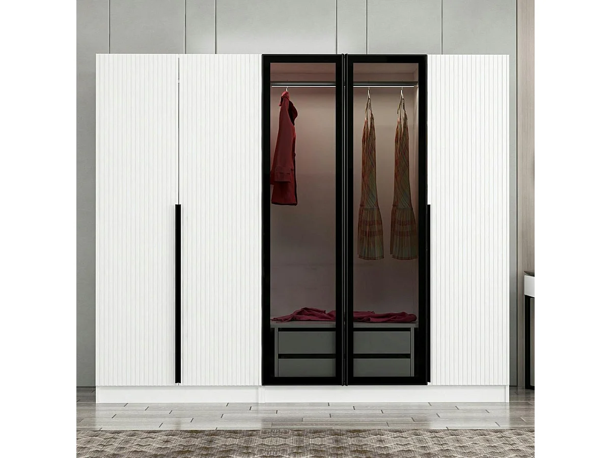 Armoire penderie blanche rainurée, 2 portes verre 225 cm BYRON