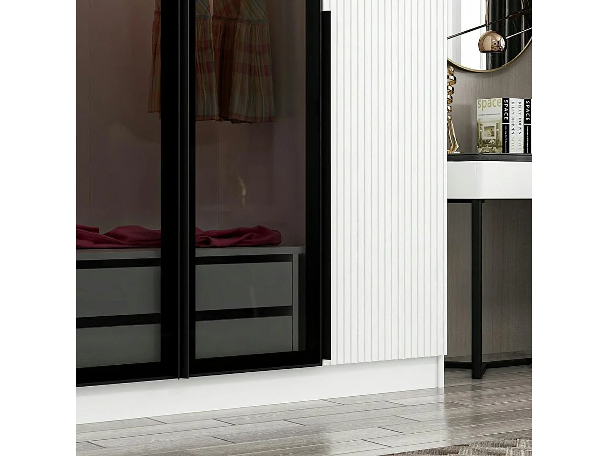 Armoire penderie blanche rainurée, 2 portes verre 225 cm BYRON
