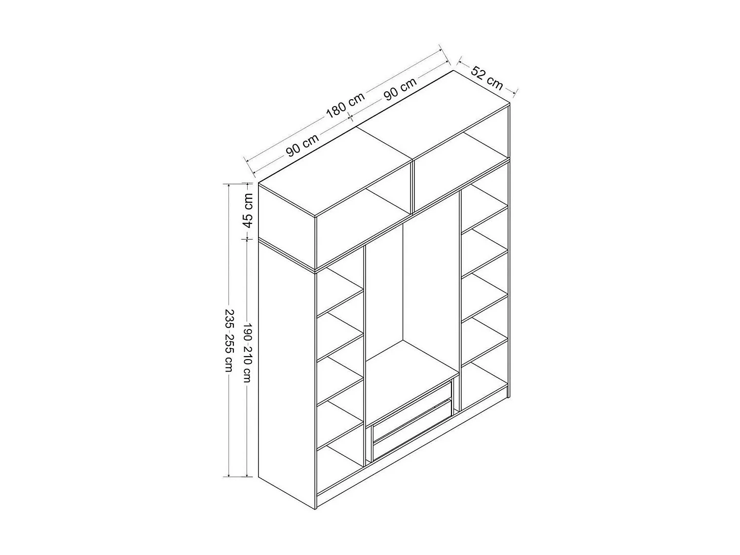 Armoire penderie grise 6 portes, 1 portant 2 tiroirs BYRON