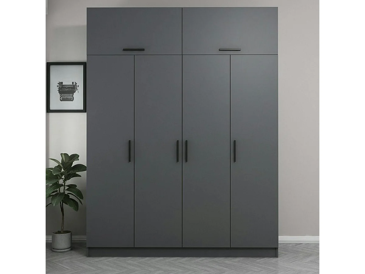 Armoire penderie grise 6 portes, 1 portant 2 tiroirs BYRON