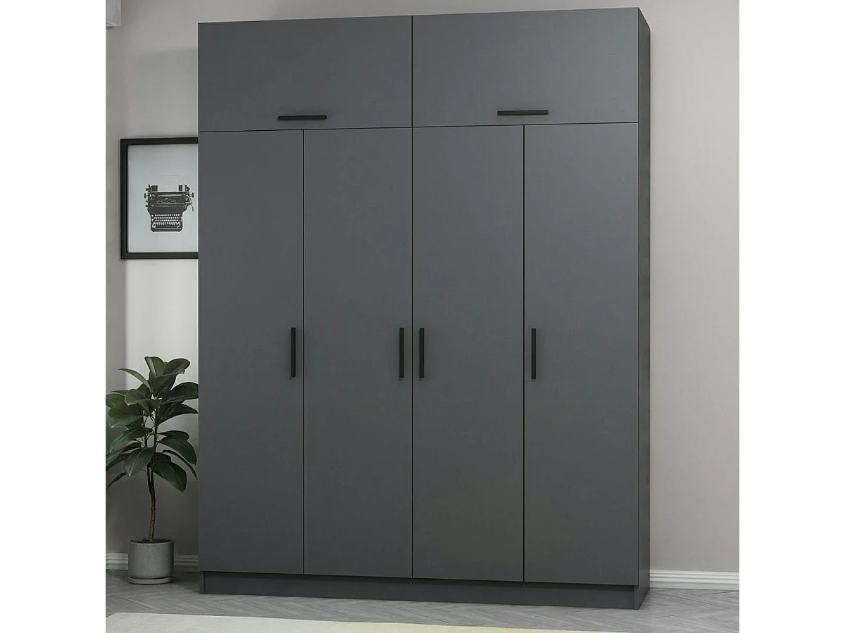 Armoire penderie grise 6 portes, 1 portant 2 tiroirs BYRON