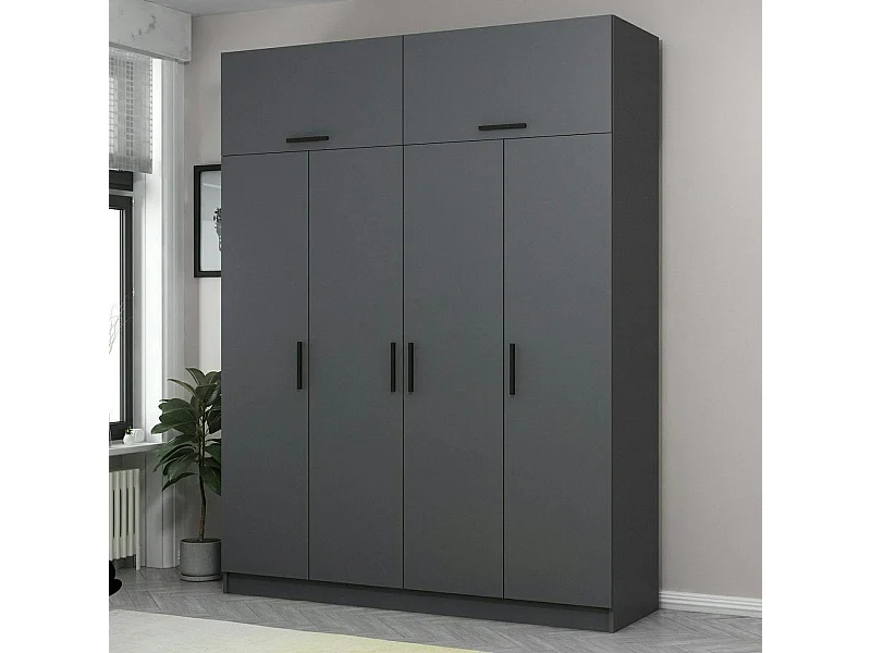 Armoire penderie grise 6 portes, 1 portant 2 tiroirs BYRON