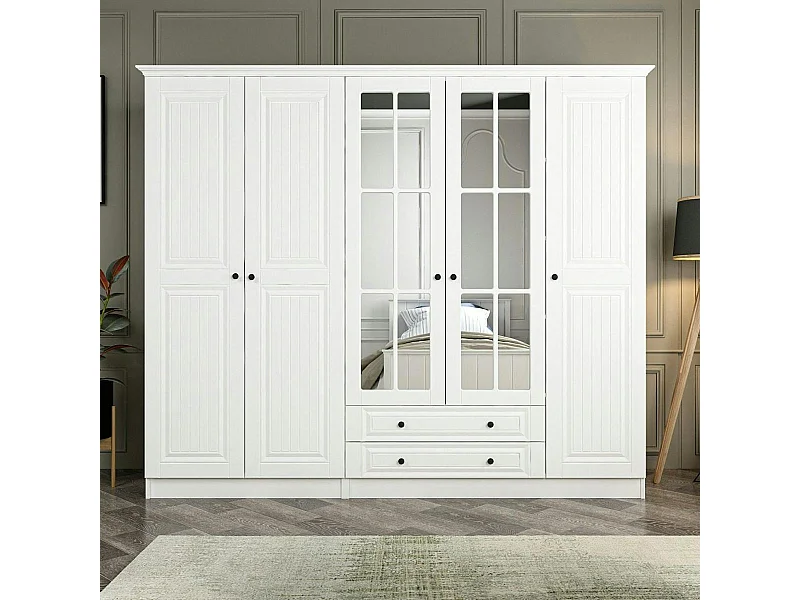 Armoire penderie blanche à moulures, 5 portes 2 miroirs BYRON