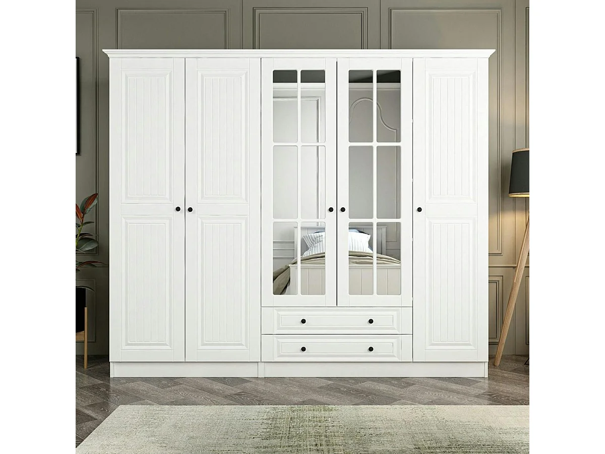 Armoire penderie blanche à moulures, 5 portes 2 miroirs BYRON