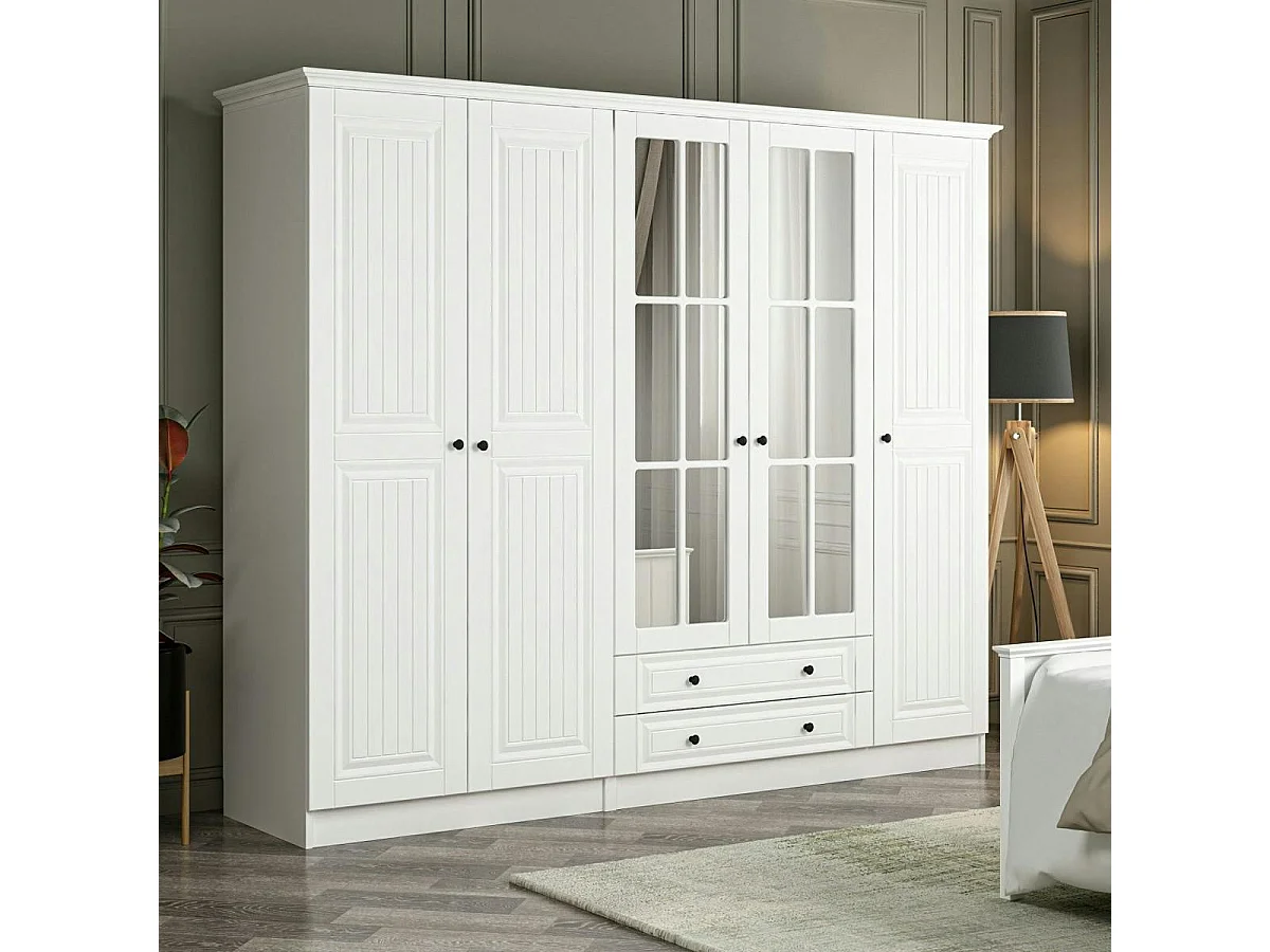 Armoire penderie blanche à moulures, 5 portes 2 miroirs BYRON