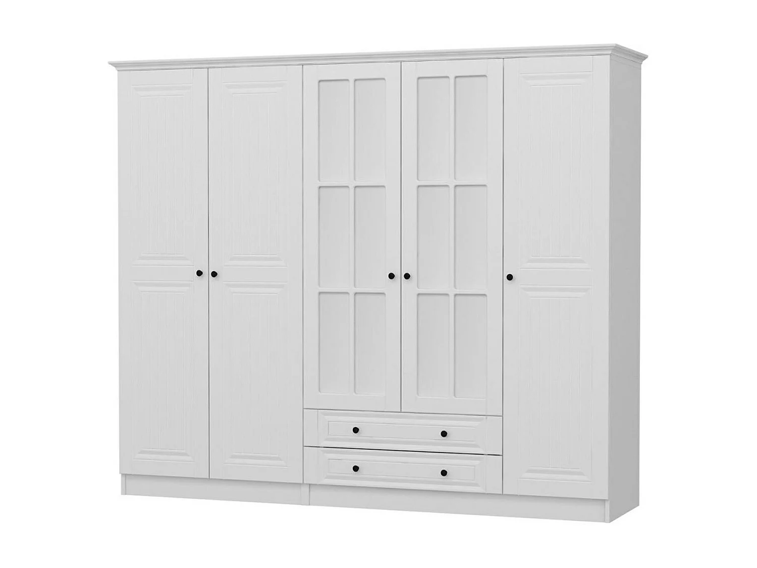 Armoire penderie blanche à moulures, 5 portes 2 miroirs BYRON