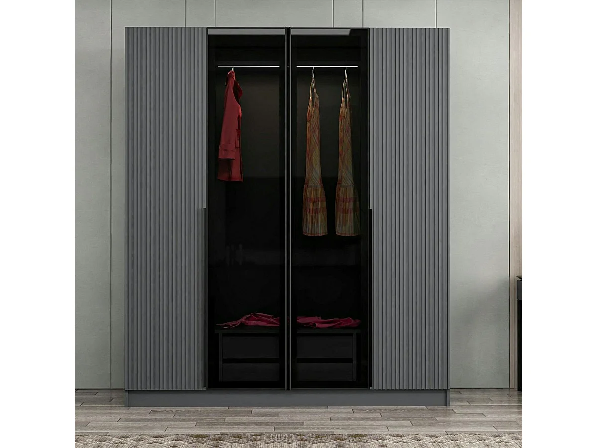 Armoire penderie grise 2 portes rainurées 2 vitrées BYRON