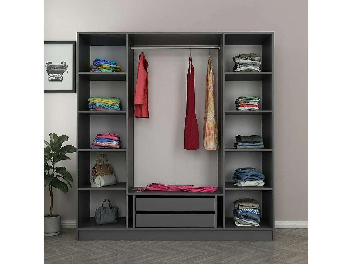 Armoire penderie grise 2 portes rainurées 2 vitrées BYRON