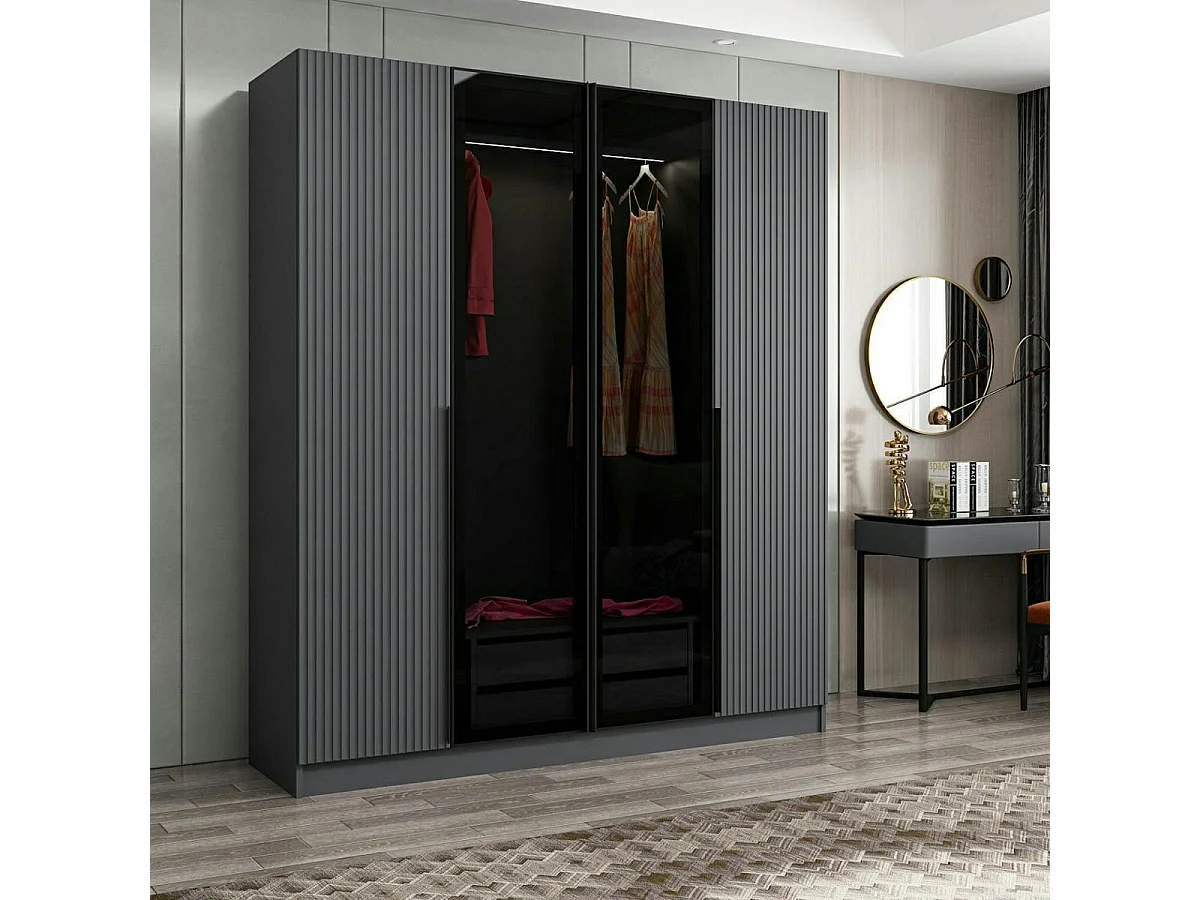 Armoire penderie grise 2 portes rainurées 2 vitrées BYRON