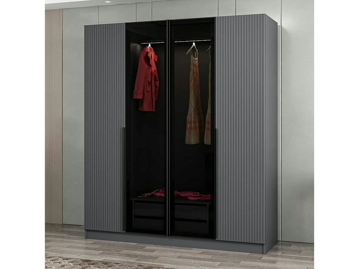 Armoire penderie grise 2 portes rainurées 2 vitrées BYRON