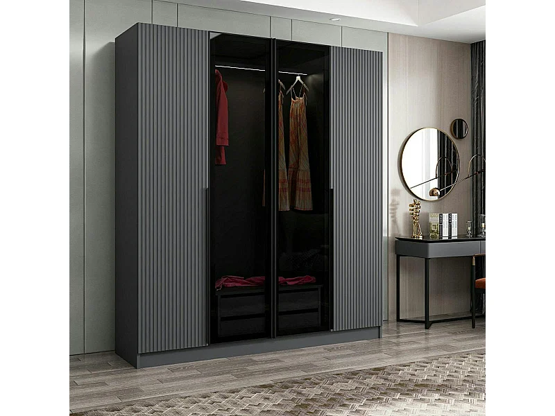 Armoire penderie grise 2 portes rainurées 2 vitrées BYRON