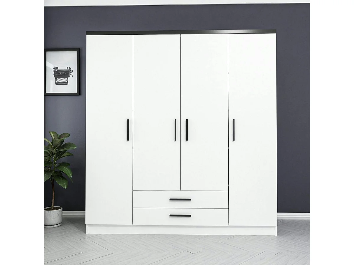 Armoire penderie blanche 4 portes poignées noires BYRON