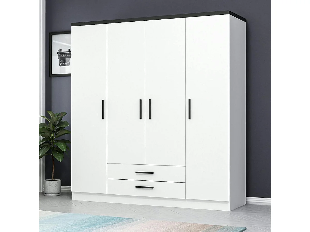 Armoire penderie blanche 4 portes poignées noires BYRON