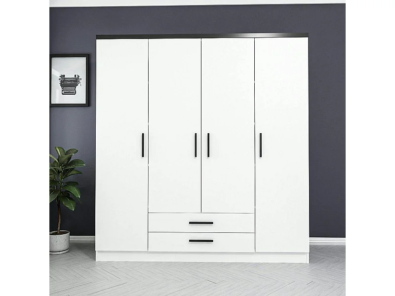 Armoire penderie blanche 4 portes poignées noires BYRON