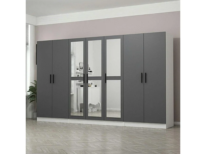 Armoire dressing grise et blanche 7 portes, 5 penderies BYRON