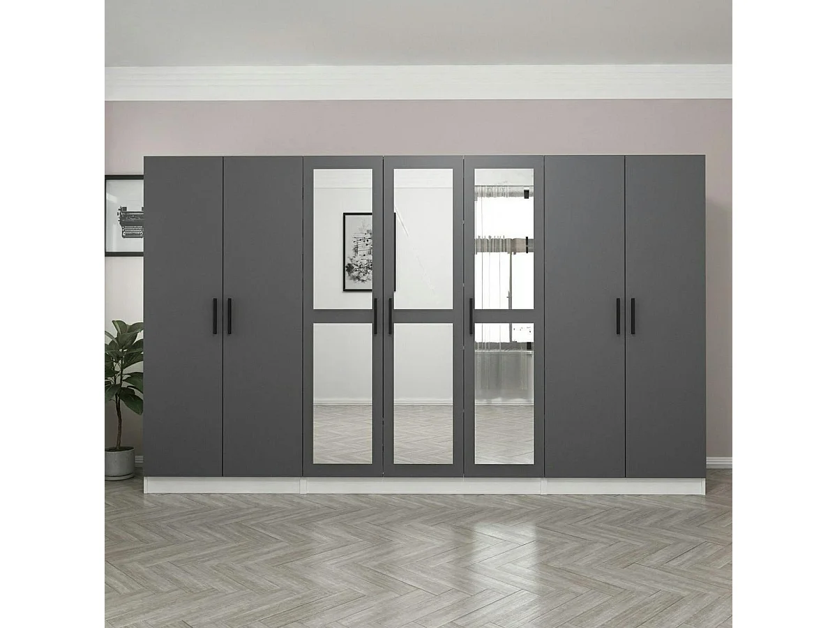 Armoire dressing grise et blanche 7 portes, 5 penderies BYRON