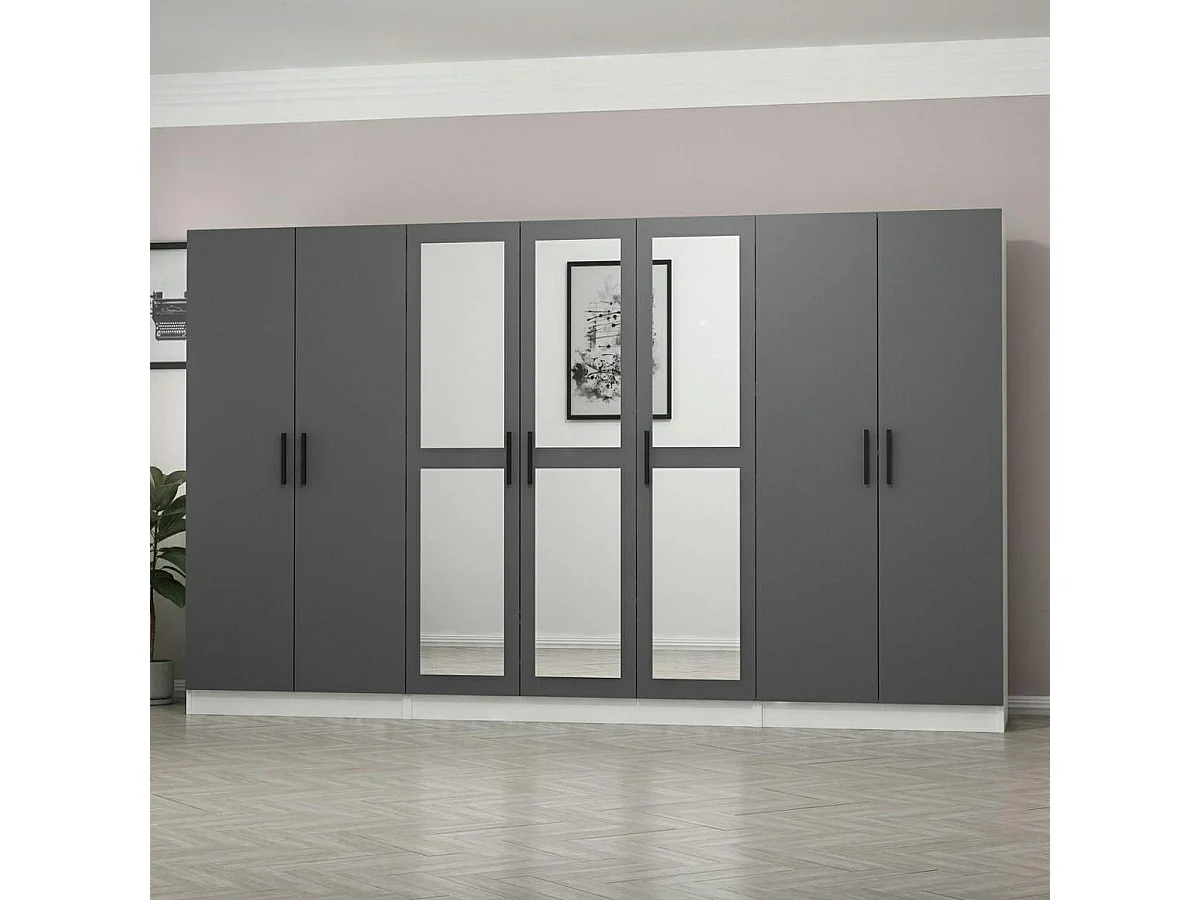 Armoire dressing grise et blanche 7 portes, 5 penderies BYRON