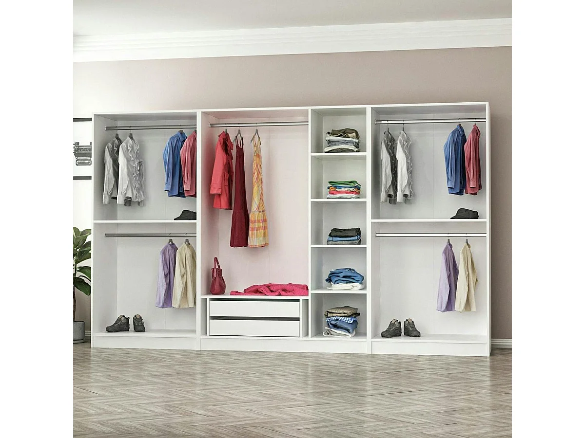 Armoire dressing grise et blanche 7 portes, 5 penderies BYRON