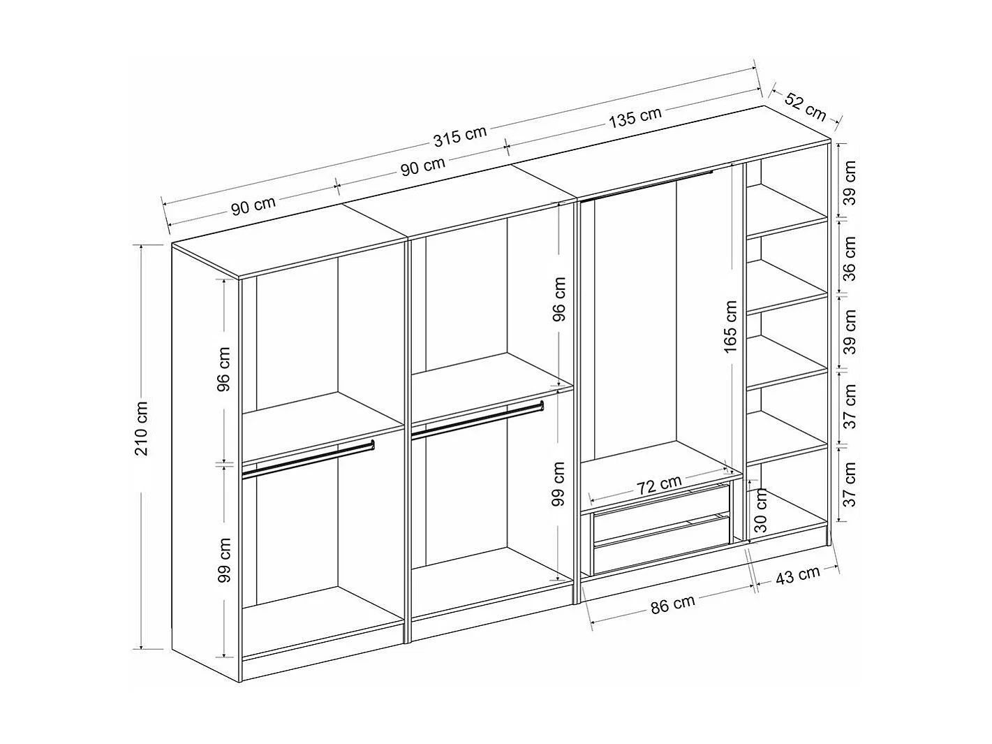 Armoire dressing grise et blanche 7 portes, 5 penderies BYRON