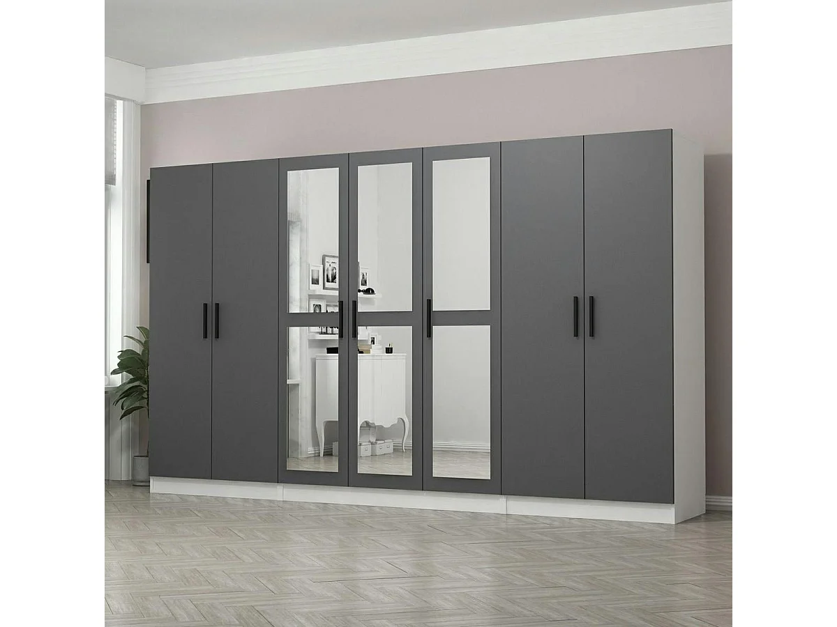 Armoire dressing grise et blanche 7 portes, 5 penderies BYRON