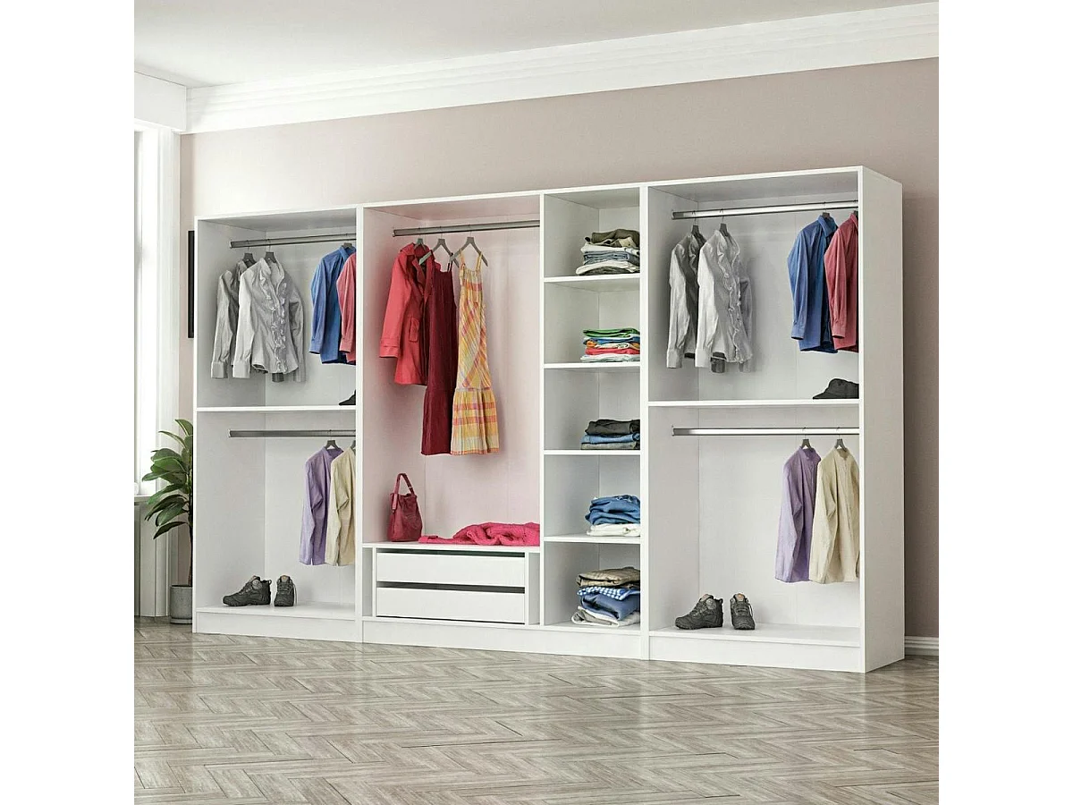 Armoire dressing grise et blanche 7 portes, 5 penderies BYRON
