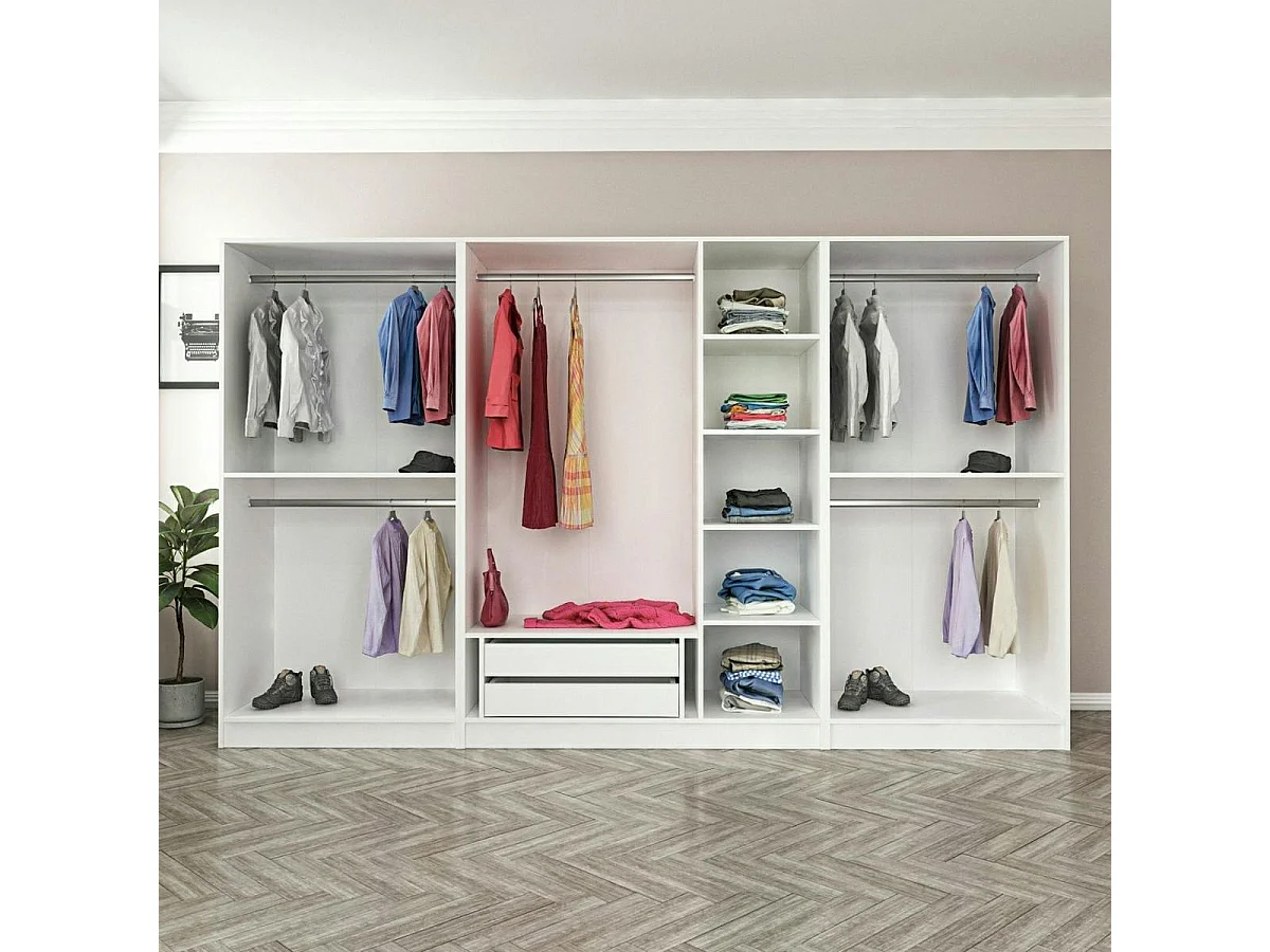 Armoire dressing grise et blanche 7 portes, 5 penderies BYRON