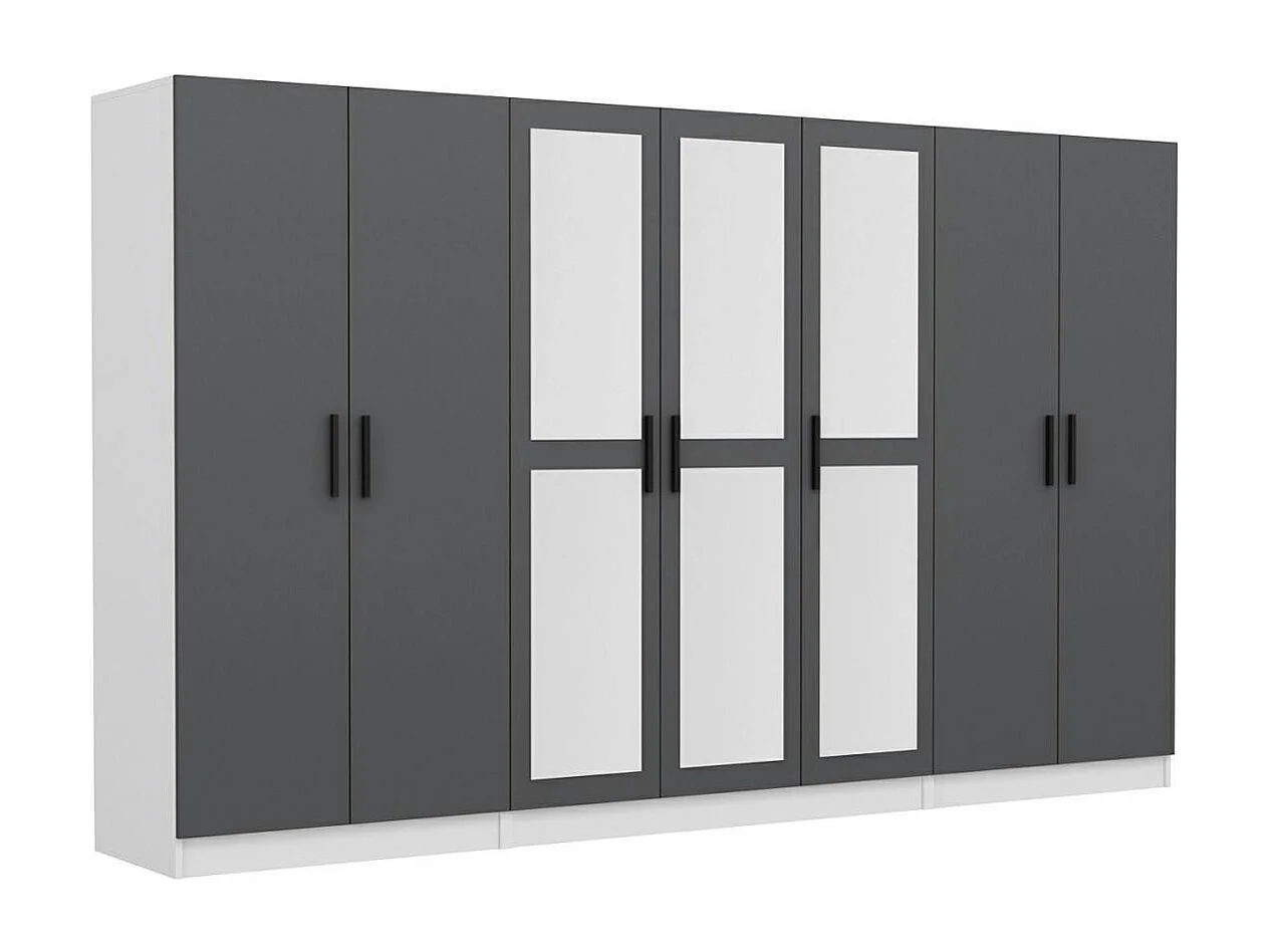 Armoire dressing grise et blanche 7 portes, 5 penderies BYRON