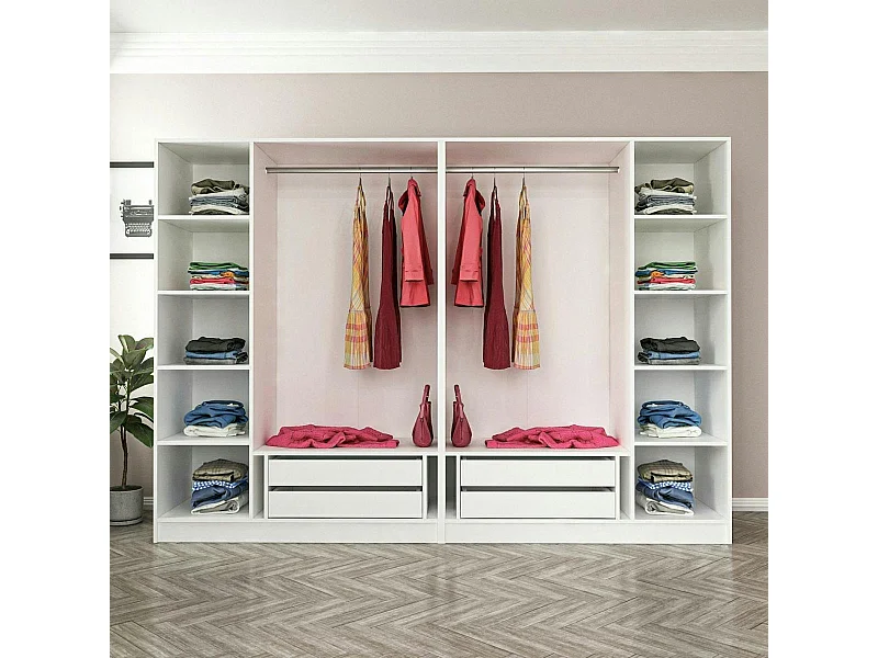 Armoire penderie ouverte blanche 2 portants 4 tiroirs BYRON