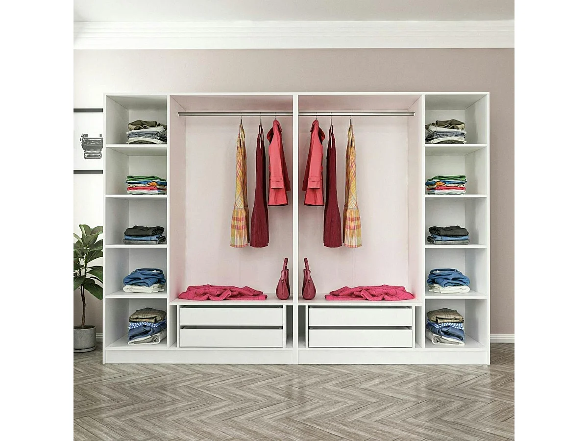 Armoire penderie ouverte blanche 2 portants 4 tiroirs BYRON