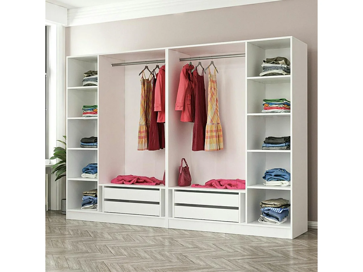 Armoire penderie ouverte blanche 2 portants 4 tiroirs BYRON