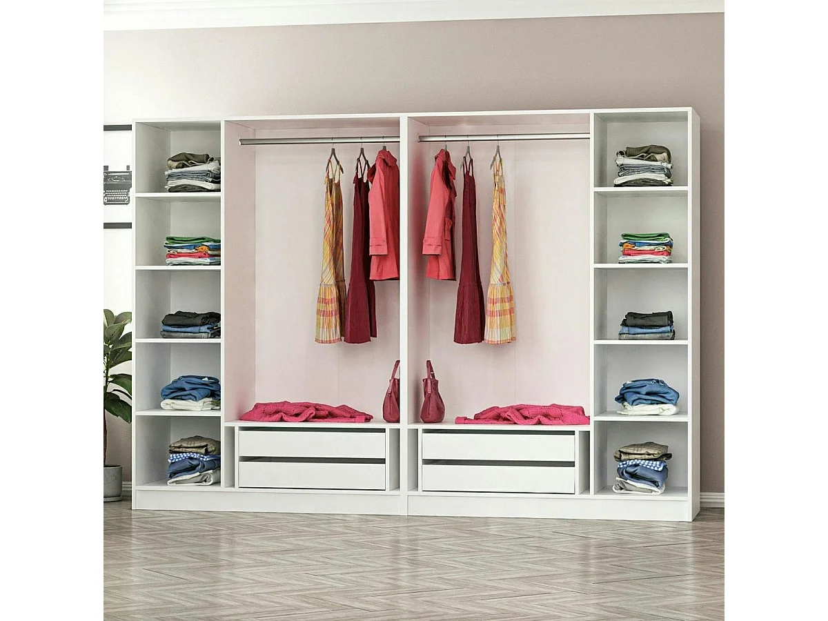 Armoire penderie ouverte blanche 2 portants 4 tiroirs BYRON