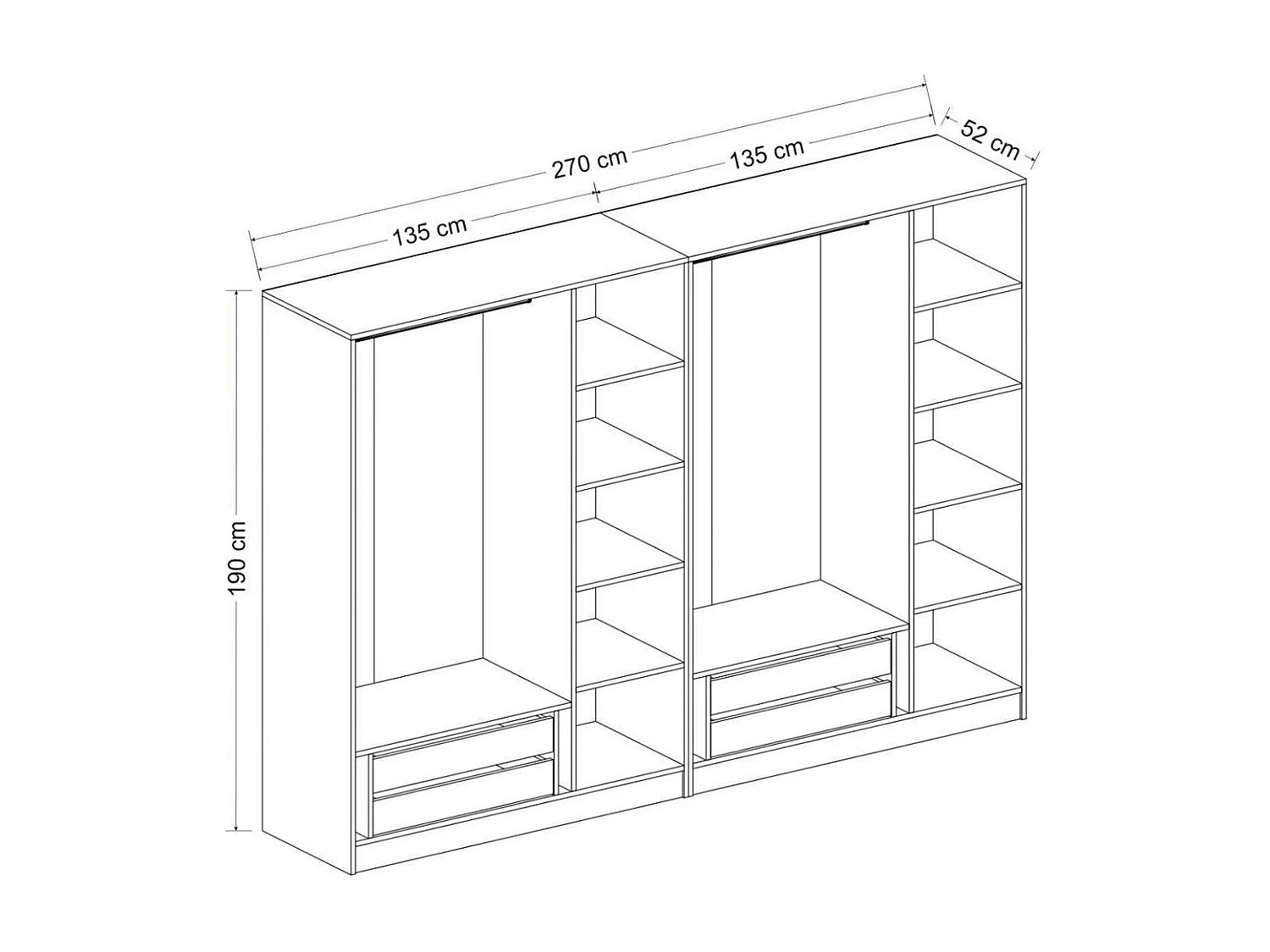 Armoire penderie ouverte blanche 2 portants 4 tiroirs BYRON