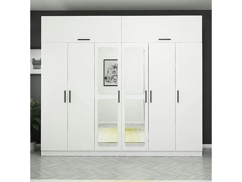 Armoire penderie blanche, 8 portes 4 miroirs BYRON