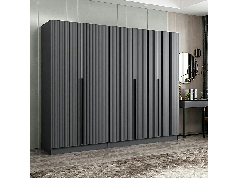 Armoire penderie grise 5 portes rainurées 3 portants BYRON