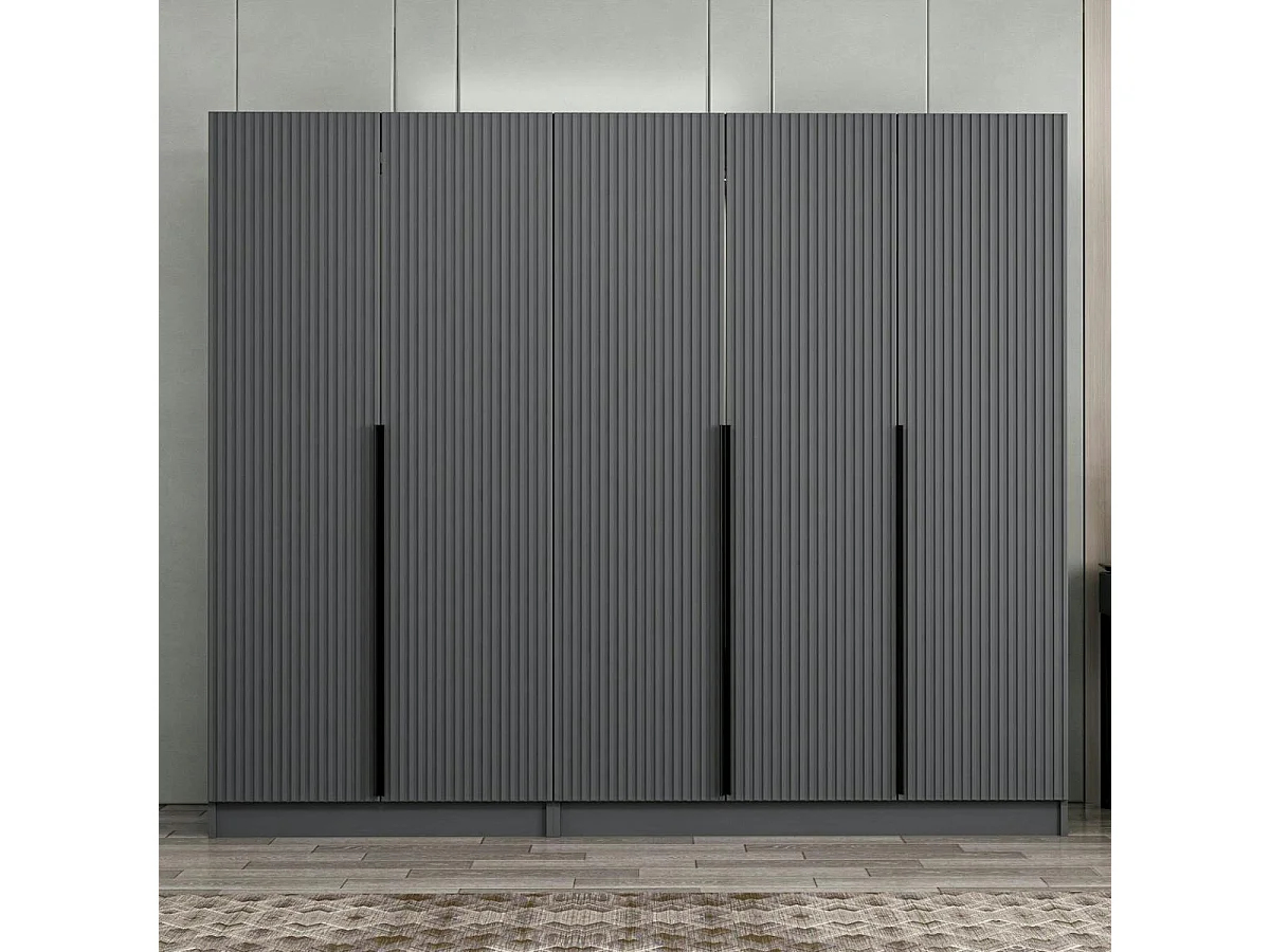 Armoire penderie grise 5 portes rainurées 3 portants BYRON