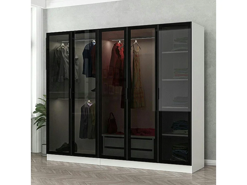 Armoire penderie blanche 5 portes verre 2 tiroirs BYRON