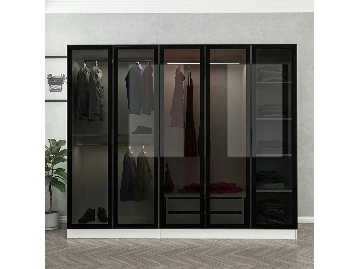 Armoire penderie blanche 5 portes verre 2 tiroirs BYRON